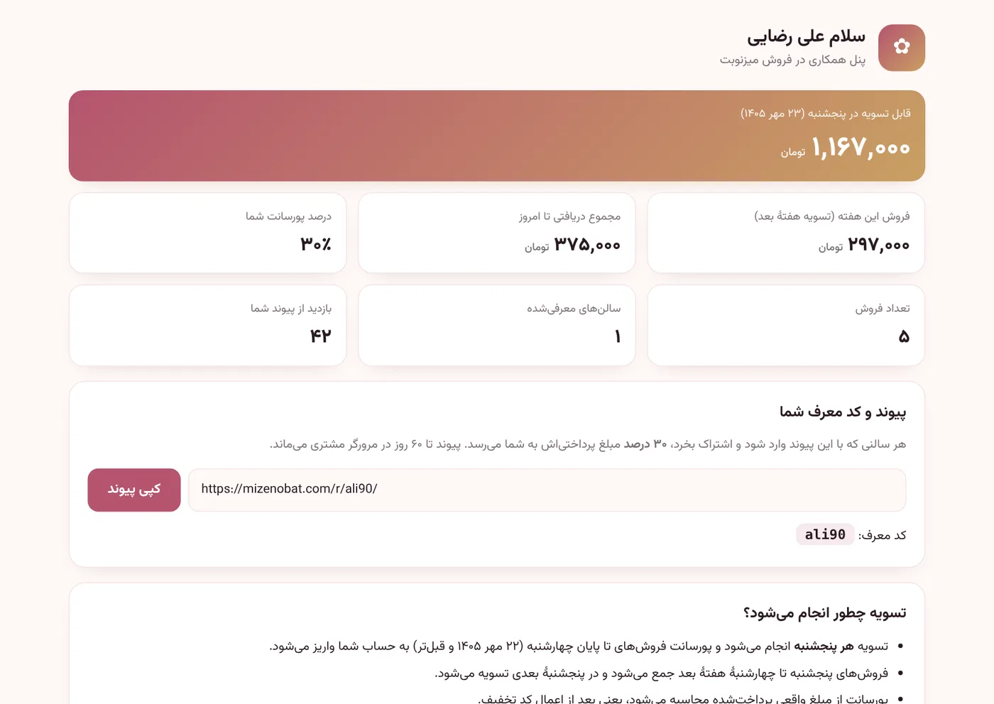 پنل اختصاصی فروشنده میزنوبت: مبلغ قابل تسویه، پیوند فروش و گزارش فروشها